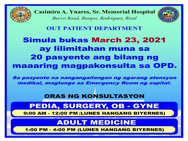 Ynares Hospital sa Montalban, Rizal lilimitahan ang pagtanggap ng pasyente sa OPD