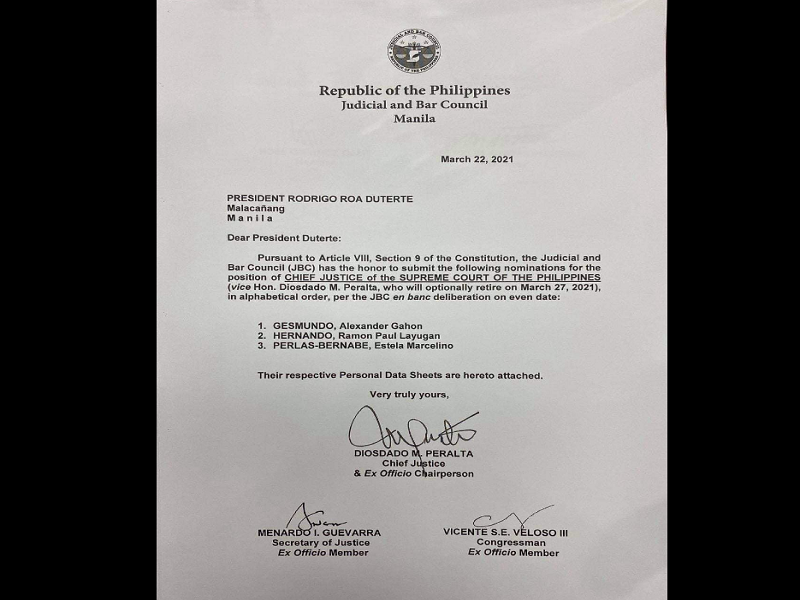 Tatlong mahistrado na pagpipilian para maging susunod na chief justice ng SC isusumite na ng JBC kay Pang. Duterte