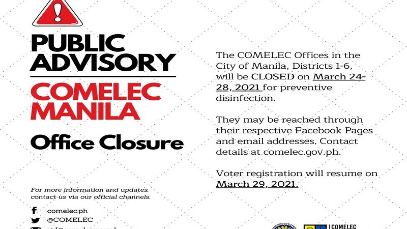 Comelec Offices sa Maynila sarado hanggang March 28