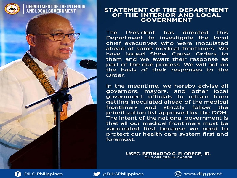 DILG sa mga local government officials: Huwag nating unahan sa bakuna ang mga medical frontliner