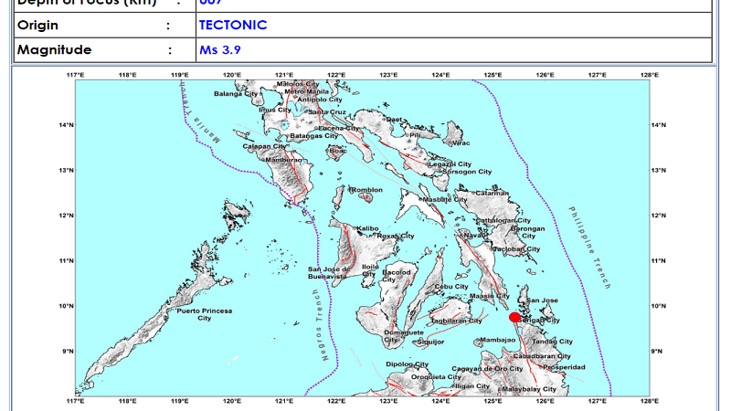 Surigao Del Norte niyanig ng magnitude 3.9 na lindol