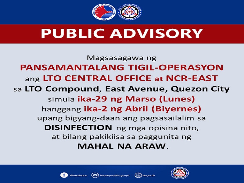 Mga tanggapan ng LTO sa NCR-West sarado simula March 29 hanggang 31