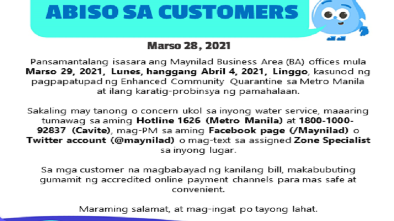 Business Area offices ng Maynilad sarado simula Mar. 29 hanggang Apr. 4
