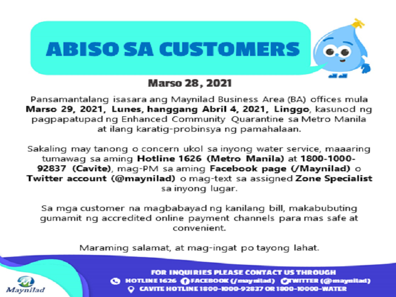 Business Area offices ng Maynilad sarado simula Mar. 29 hanggang Apr. 4