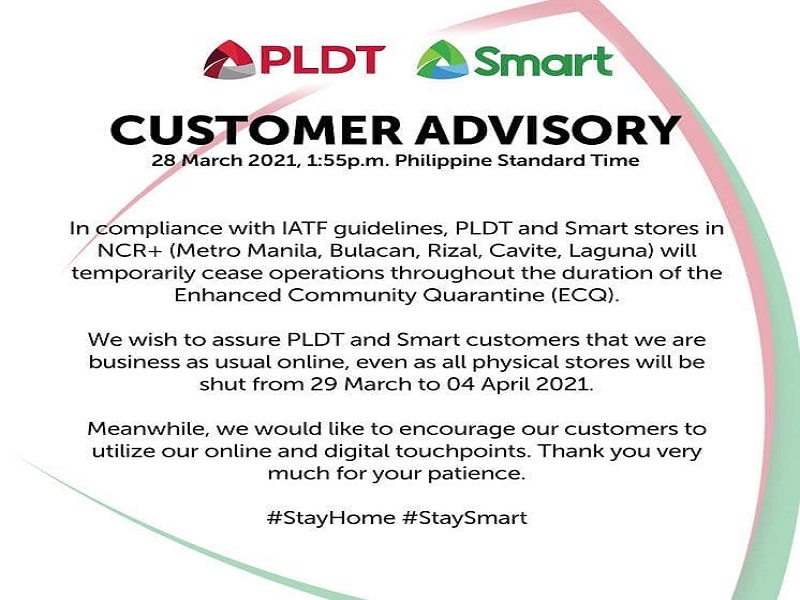 PLDT at Smart stores sa NCR Plus sarado hanggang April 4