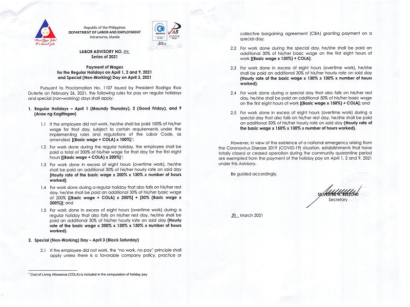 DOLE nagpalabas ng pay rules para sa apat na holidays ngayong Abril