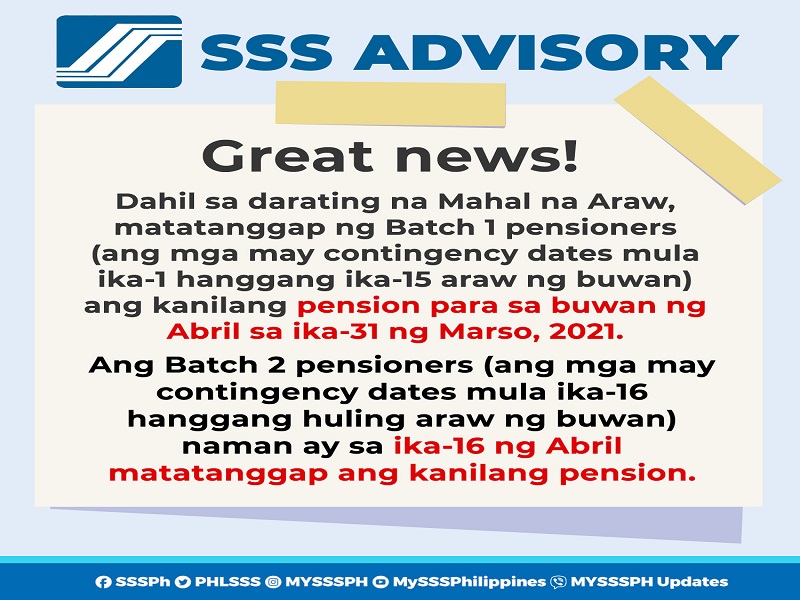 Batch 1 pensioners ng SSS matatanggap na ang kanilang pensyon simula ngayong araw