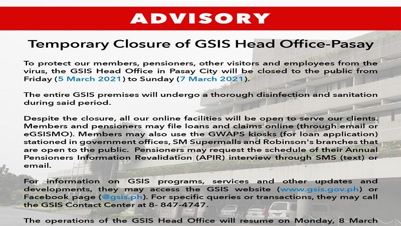 GSIS Head Office sa Pasay sarado muna simula ngayong araw (Mar. 5)