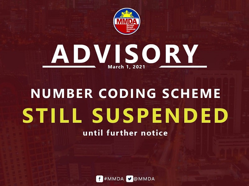 Pag-iral ng number coding suspendido pa rin ngayong buwan ng Marso – MMDA