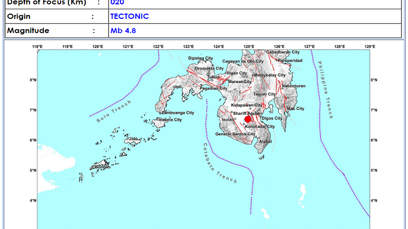 Magnitude 4.8 na lindol tumama sa Sultan Kudarat