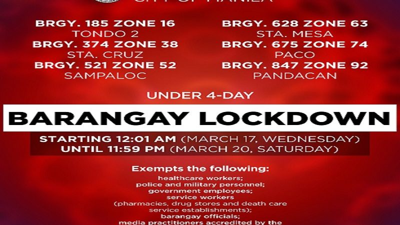 Anim pang barangay sa Maynila isasailalim sa lockdown simula sa March 17