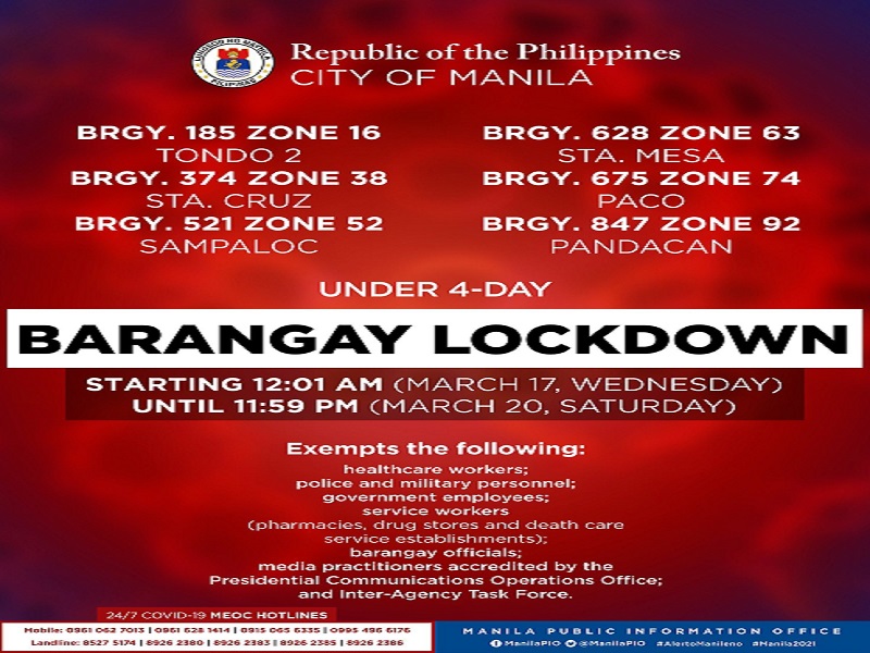 Anim pang barangay sa Maynila isasailalim sa lockdown simula sa March 17