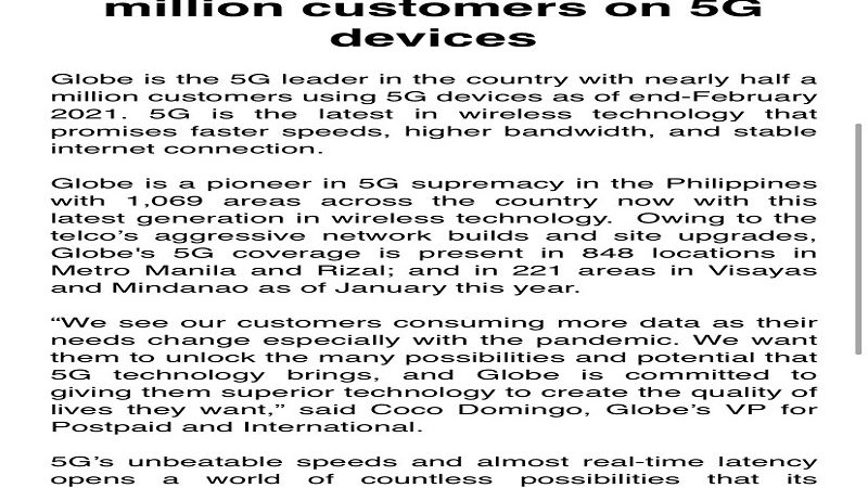 Halos kalahating milyong subscribers ng Globe gumagamit na ng 5G devices