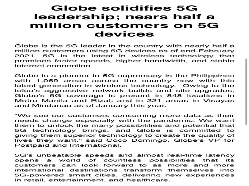 Halos kalahating milyong subscribers ng Globe gumagamit na ng 5G devices