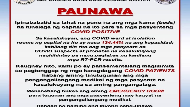 COVID-19 beds sa Gat Andres Bonifacio Medical Center nasa full capacity na