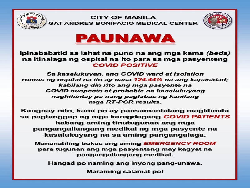 COVID-19 beds sa Gat Andres Bonifacio Medical Center nasa full capacity na