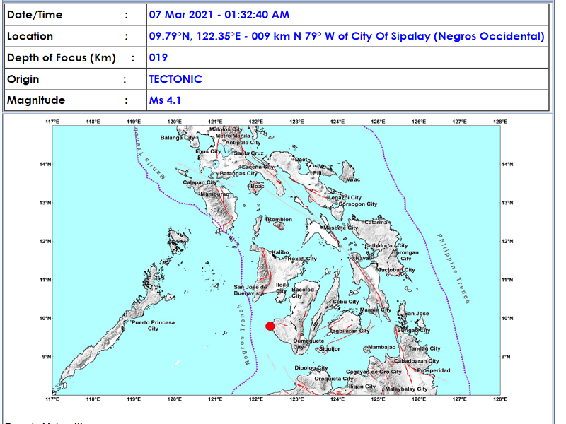 Sipalay City, Negros Occidental niyanig ng magnitude 4.1 na lindol