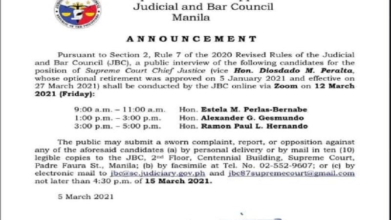 Public interview sa mga kandidato sa pagka-Chief Justice itinakda na ng JBC