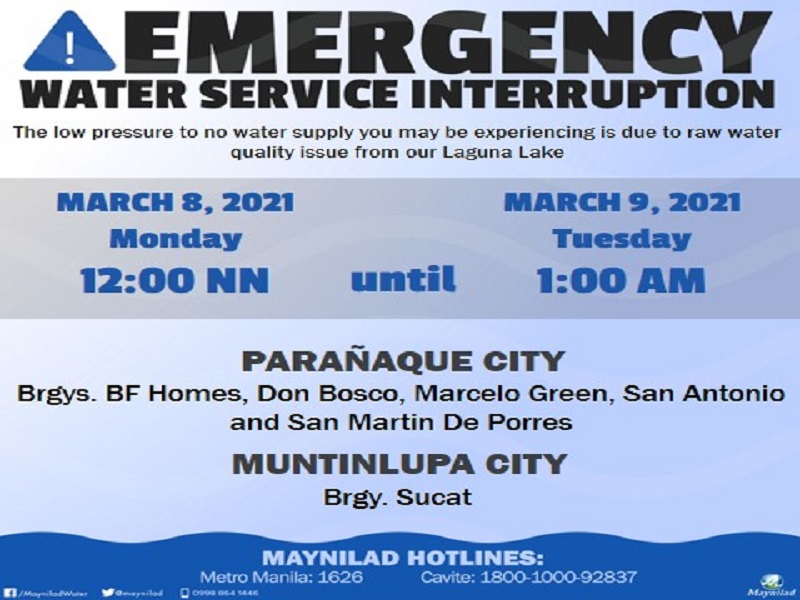 Bahagi ng Muntinlupa at Parañaque makararanas ng water service interruption