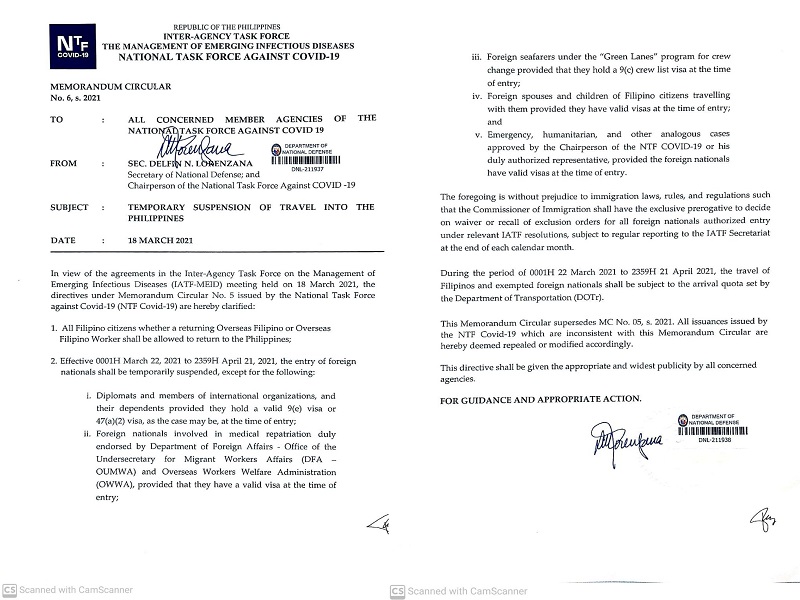 NTF binago ang memo kaugnay sa ipatutupad na travel restrictions sa bansa; non-OFWs pwede pa ring umuwi