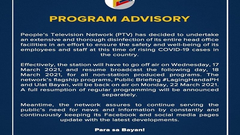PTV-4 off air muna ngayong araw (Mar. 17); Laging Handa public briefing suspendido hanggang March 21