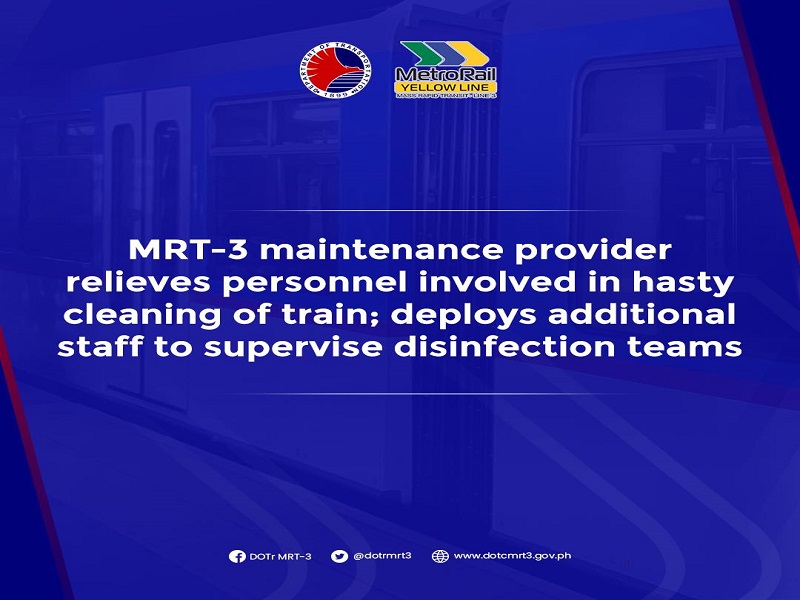 Mga tauhan ng MRT-3 na hindi maayos kung magsagawa ng disinfection sa mga tren sinibak na sa serbisyo