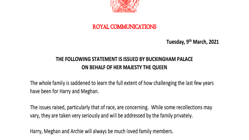 Buckingham Palace naglabas na ng reaksyon matapos ang panayam sa mag-asawang Harry at Meghan
