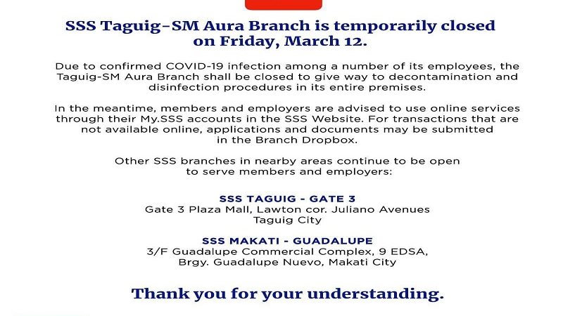 SSS Taguig-SM Aura Branch sarado ngayong araw