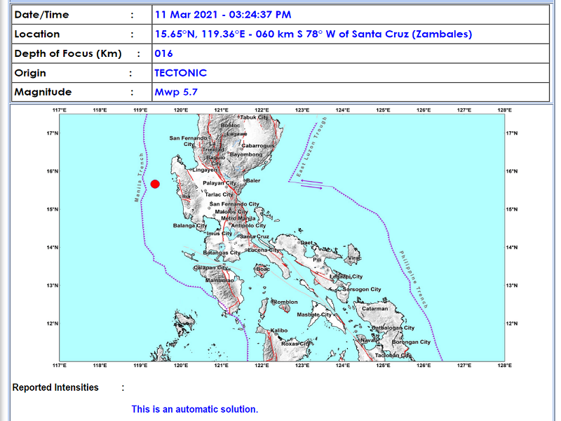 Santa Cruz, Zambales niyanig ng magnitude 5.7 na lindol