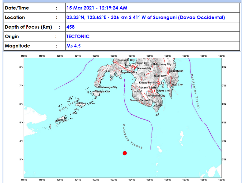 Sarangani, Davao Occidental niyanig ng magnitude 4.5 na lindol