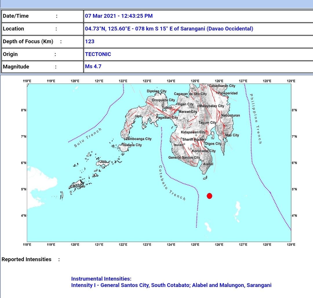 Sarangani, Davao Occidental niyanig ng magnitude 4.7 na lindol