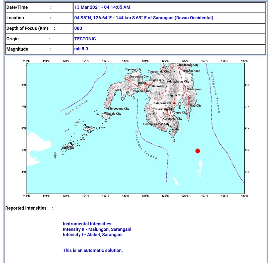 Sarangani, Davao Occidental niyanig ng magnitude 5.0 na lindol