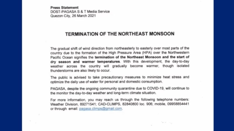 Ganap na pagsisimula ng dry season idineklara ng PAGASA