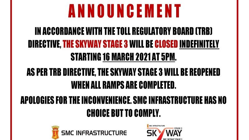 Skyway Stage 3 isasara simula ngayong araw (March 16)