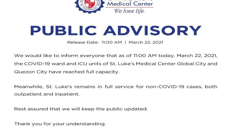 COVID-19 ward at ICU units ng St. Luke’s Medical Center full capacity na