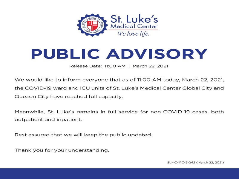 COVID-19 ward at ICU units ng St. Luke’s Medical Center full capacity na