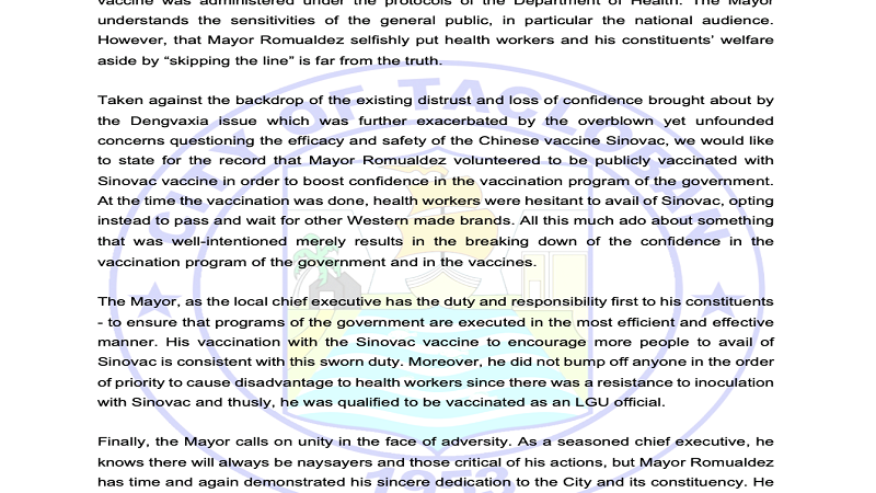 Mayor Alfred Romualdez itinangging inunahan pa niya ang mga medical frontliner sa pagbabakuna kontra COVID-19