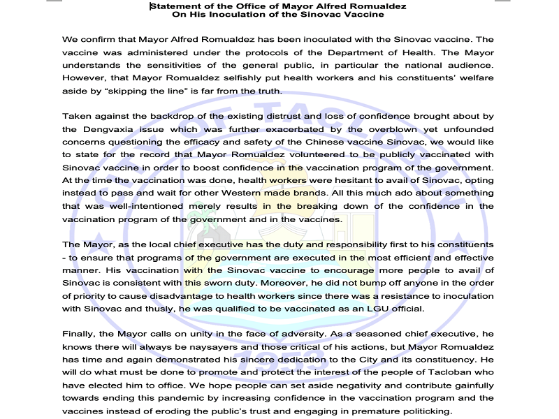 Mayor Alfred Romualdez itinangging inunahan pa niya ang mga medical frontliner sa pagbabakuna kontra COVID-19