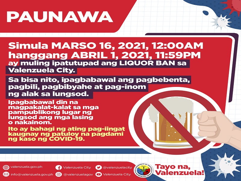 Liquor ban ipatutupad sa Valenzuela City hanggang April 1