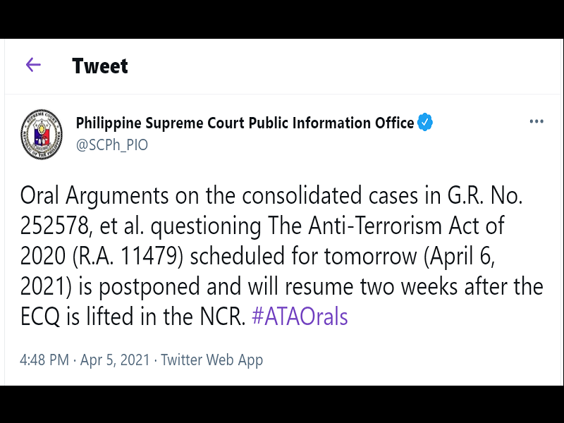 Oral Arguments sa mga petisyon laban sa Anti-Terror Law ipinagpaliban ng Korte Suprema