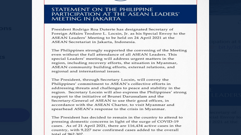 Pangulong Duterte kakatawanin ni Sec. Locsin sa gaganaping ASEAN Leaders’ Meeting sa sa Jakarta, Indonesia