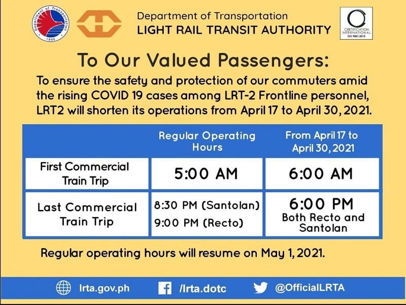 Operasyon ng LRT-2 iiksian dahil sa pagtaas ng kaso ng COVID-19 sa kanilang mga tauhan