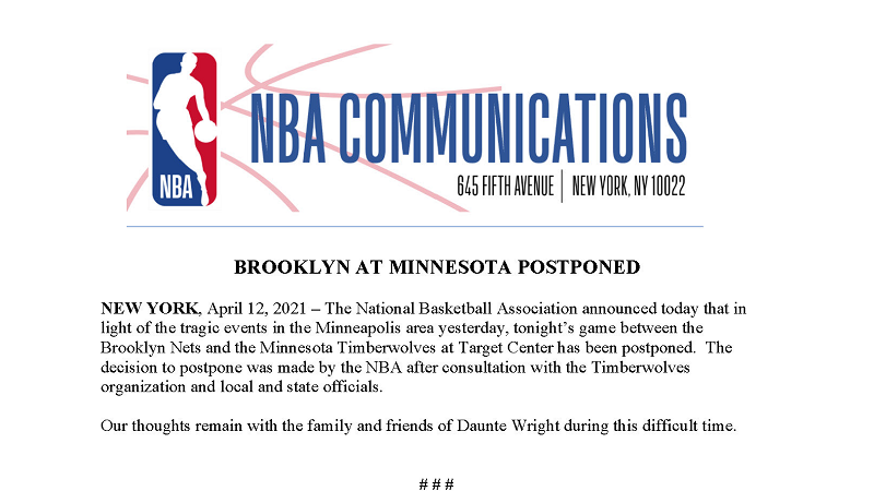 NBA sinuspinde ang laban ng Brooklyn Nets at Minnesota Timberwolves kasunod ng pagkasawi ng isang black man sa Minneapolis