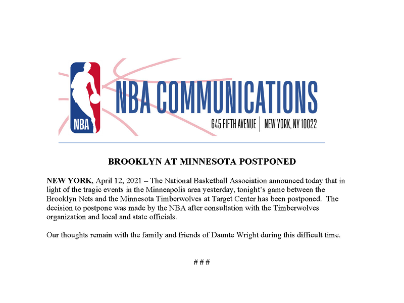 NBA sinuspinde ang laban ng Brooklyn Nets at Minnesota Timberwolves kasunod ng pagkasawi ng isang black man sa Minneapolis