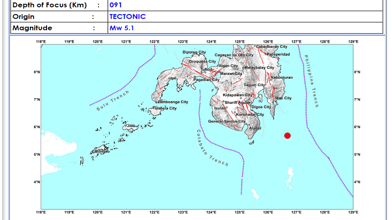 Magnitude 5.1 na lindol naitala sa Davao Occidental