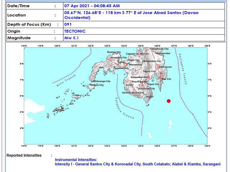 Magnitude 5.1 na lindol naitala sa Davao Occidental