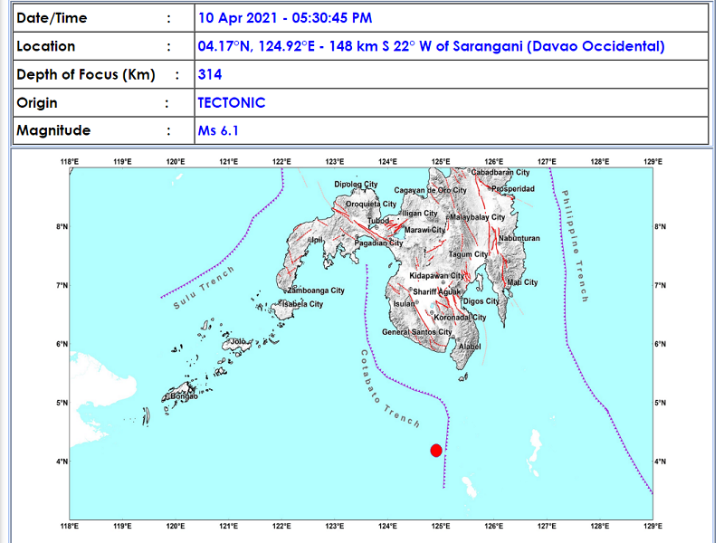 Sarangani, Davao Occidental niyanig ng magnitude 6.1 na lindol