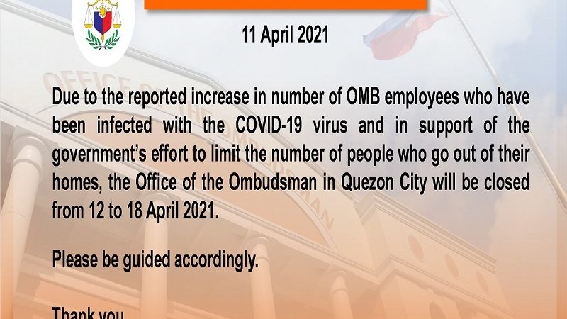 Office of the Ombudsman sa QC mananatiling sarado sa publiko hanggang April 18