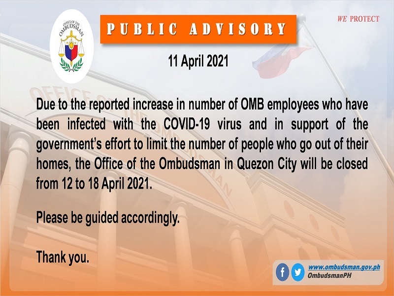 Office of the Ombudsman sa QC mananatiling sarado sa publiko hanggang April 18