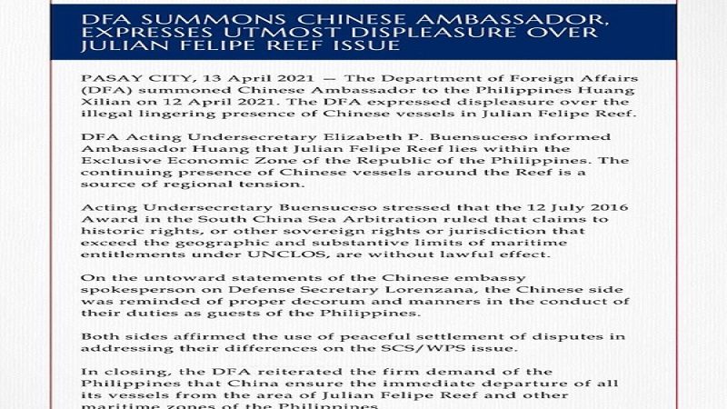 Chinese Ambassador Huang Xilian ipinatawag ng DFA kaugnay sa pananatili ng Chinese Vessels sa  Julian Felipe Reef